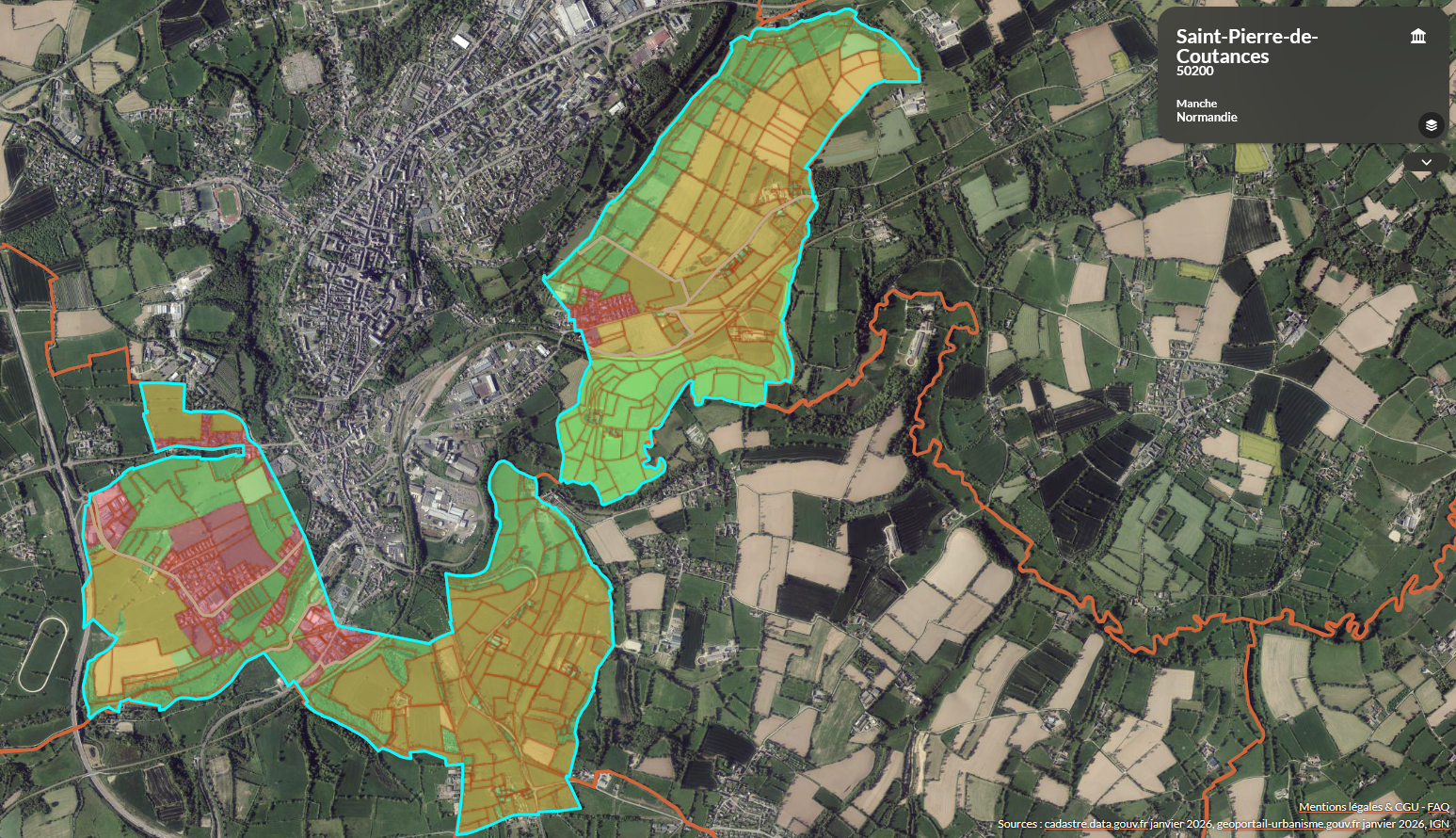 Carte de Saint-Pierre-de-Coutances avec les trois zones géographiques du sondage